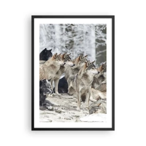 Poster în ramă neagră - Un grup de lupi în pădurea de iarnă - 50x70cm - Familie și prieteni - Decorațiune modernă pentru perete pentru living și dormitor ARTTOR