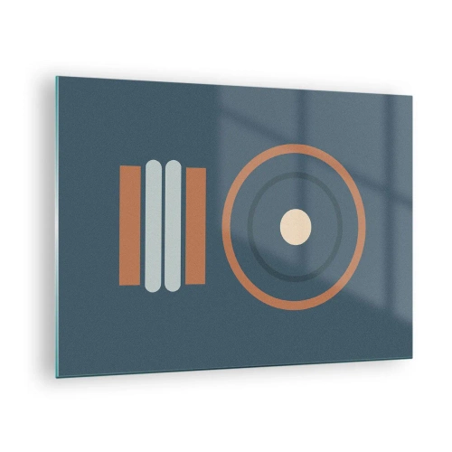 Tablou pe sticlă - Forme geometrice abstracte în culori estompate, cu cercuri și linii - 70x50cm - Esența problemei - Decorațiune modernă pentru perete pentru living și dormitor ARTTOR