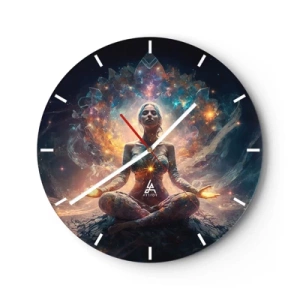 Ceas de perete - Ceas pe sticlă - O femeie în meditație, înconjurată de energie în culorile galaxiei. - 30x30cm - Flux de energie bună - Decorațiune modernă pentru perete pentru living, bucătărie și dormitor ARTTOR