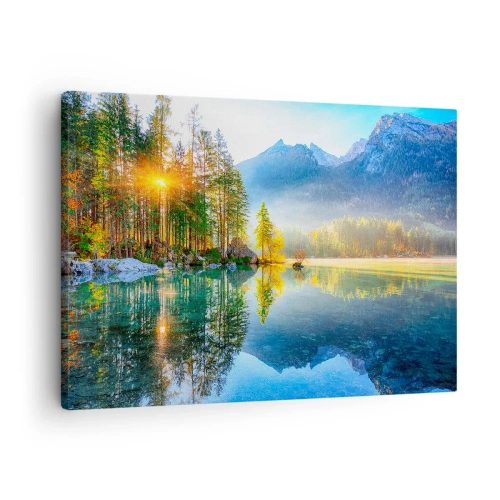 Tablou pe pânză Canvas - Un lac înconjurat de munți și păduri în razele soarelui - 70x50cm - Maiestate și dulceață - Decorațiune modernă pentru perete pentru living și dormitor ARTTOR