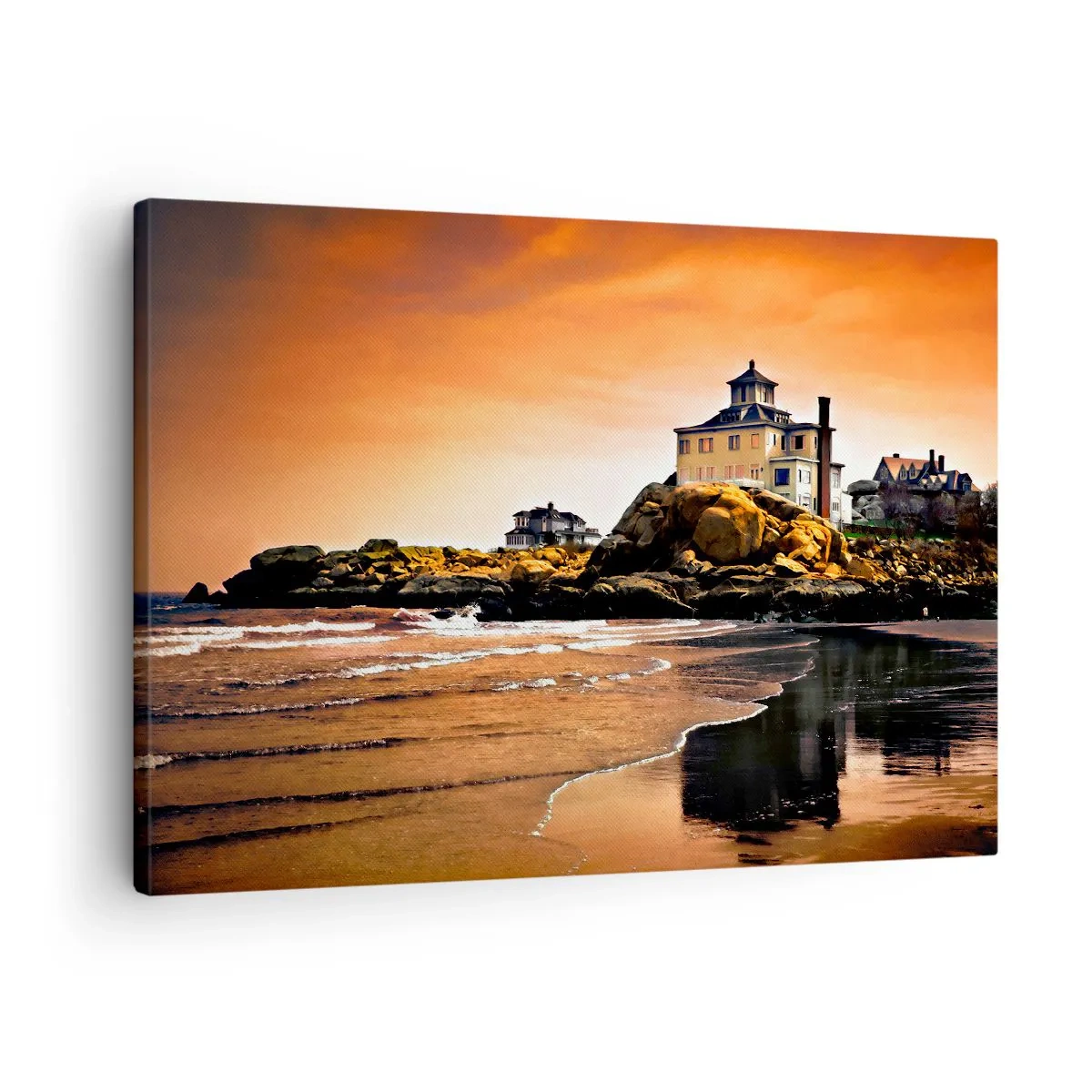 Tablou pe pânză Canvas - O casă pe o stâncă lângă plajă la apus, cu reflexia sa în apă - 70x50cm - Eleganța coastei de vest - Decorațiune modernă pentru perete pentru living și dormitor ARTTOR