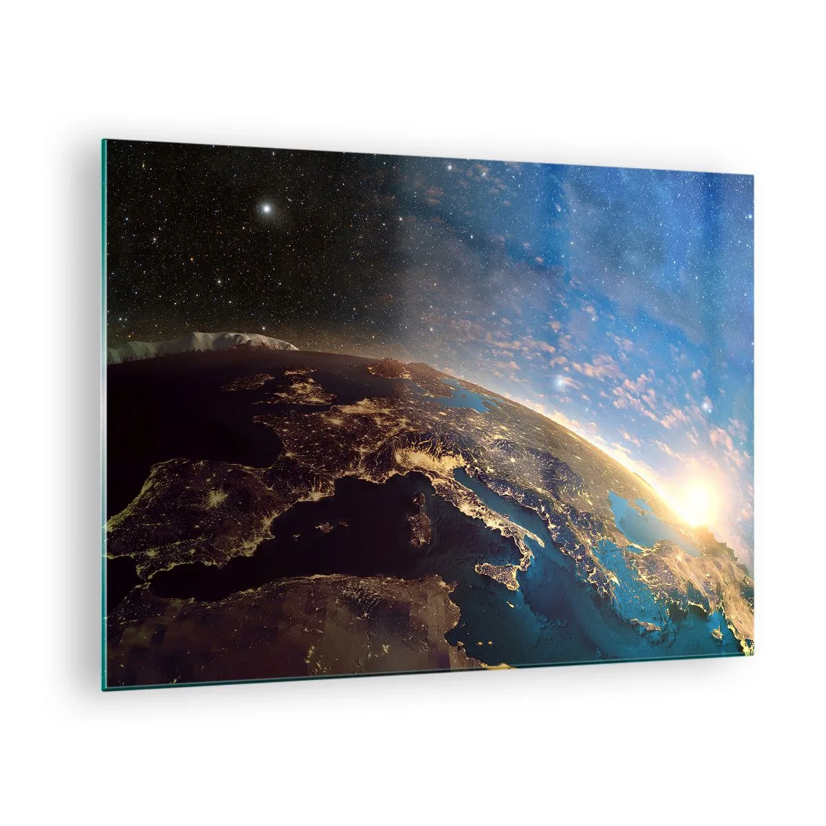 Tablou pe sticlă - O vedere a Pământului din spațiu cu răsăritul vizibil - 70x50cm - Să ne privim de la distanță - Decorațiune modernă pentru perete pentru living și dormitor ARTTOR