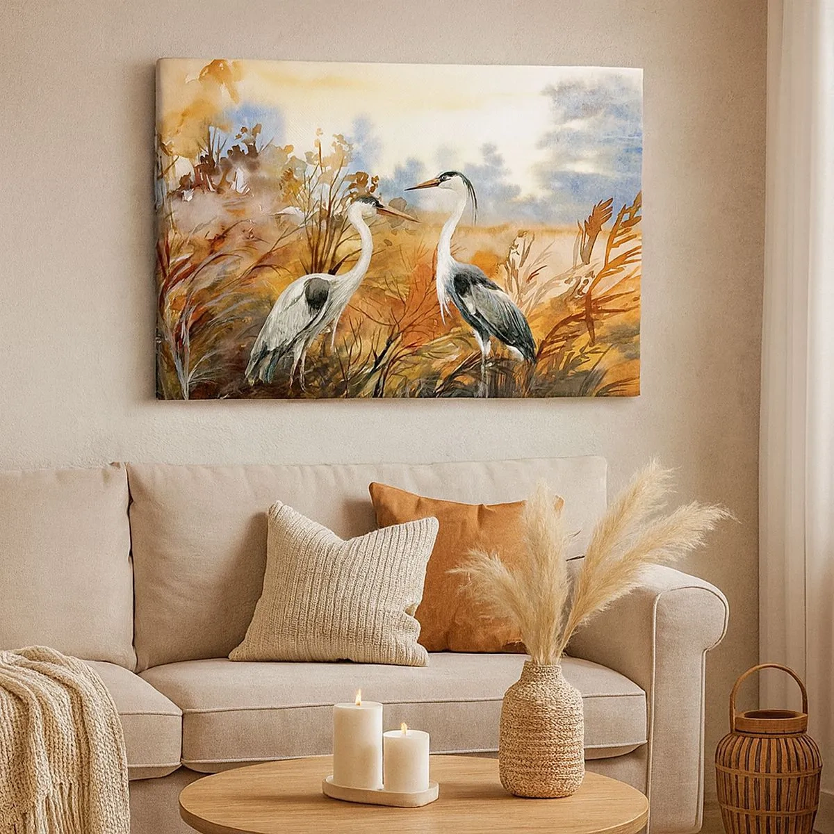 Tablou pe pânză Canvas - Doi stârci pe fundalul unui peisaj de toamnă - 70x50cm - Încotro în toamnă? - Decorațiune modernă pentru perete pentru living și dormitor ARTTOR