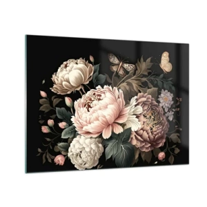 Tablou pe sticlă - Compoziție florală cu fluturi pe fundal negru - 70x50cm - În stil baroc - Decorațiune modernă pentru perete pentru living și dormitor ARTTOR