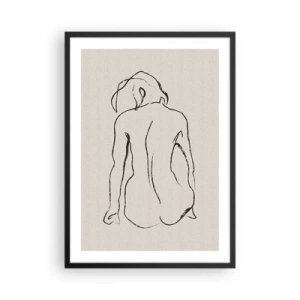 Poster în ramă neagră - O schiță minimalistă a unei femei goale așezate pe spate. - 50x70cm - Nud de fată - Decorațiune modernă pentru perete pentru living și dormitor ARTTOR