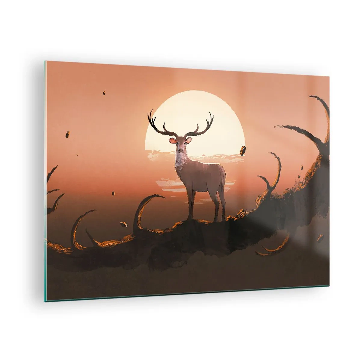 Tablou pe sticlă - Silueta unui cerb pe fundalul unei luni mari înconjurate de crengi - 70x50cm - Această noapte este diferită de oricare alta - Decorațiune modernă pentru perete pentru living și dormitor ARTTOR