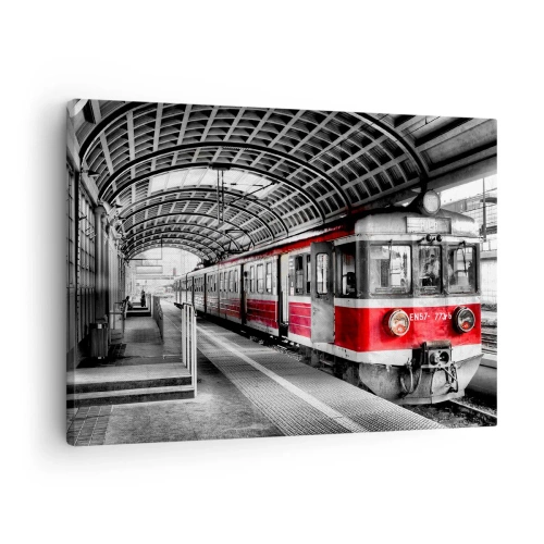 Tablou pe pânză Canvas - Tren roșu la stația sub acoperiș - 70x50cm - Poate este o călătorie de o viață? - Decorațiune modernă pentru perete pentru living și dormitor ARTTOR