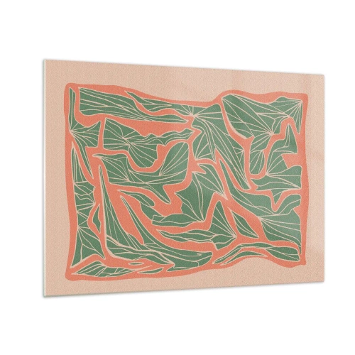 Tablou pe sticlă - Forme cu frunze verzi înconjurate de o ramă de coral pe un fundal bej - 70x50cm - Lupta dintre coral și verde - Decorațiune modernă pentru perete pentru living și dormitor ARTTOR