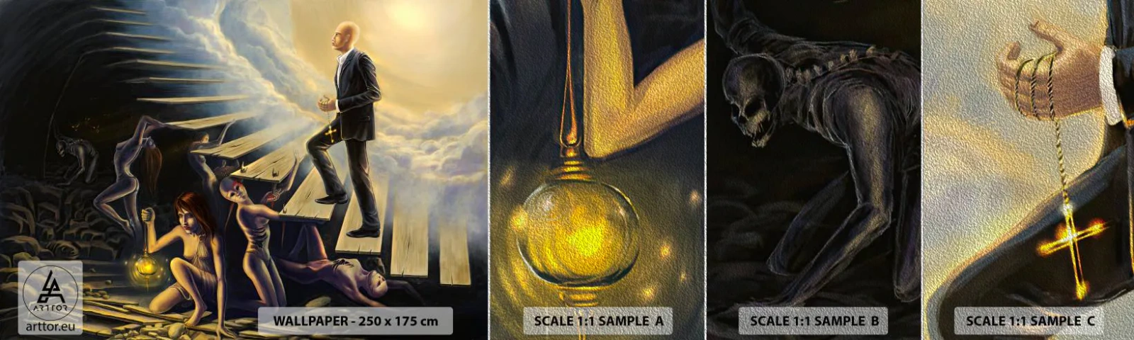 Mostră tapet Premium Sand - O călătorie dantescă spre lumină - Abstracția, Fantezie, oameni - 100x30 cm