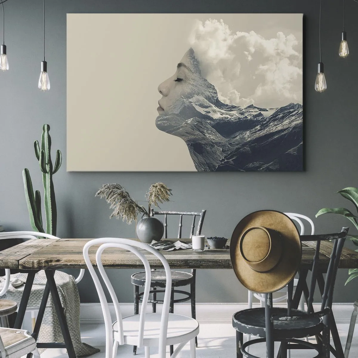 Tablou pe pânză Canvas - Silueta unei femei cu un peisaj montan în fundal - 70x50cm - Frumusețea elementelor - Decorațiune modernă pentru perete pentru living și dormitor ARTTOR