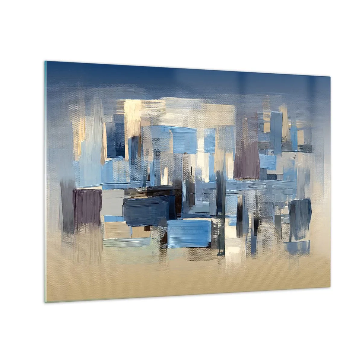 Tablou pe sticlă - Pensule geometrice în nuanțe de albastru și bej - 70x50cm - Construcție albastră - Decorațiune modernă pentru perete pentru living și dormitor ARTTOR