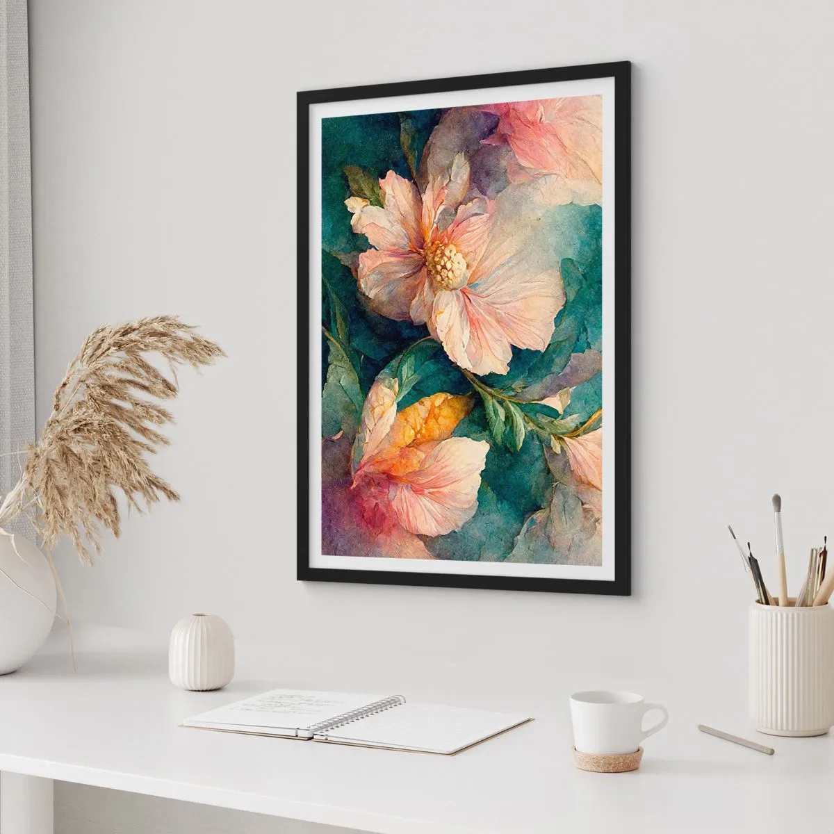 Poster în ramă neagră - Flori delicate în stil acuarelă - 50x70cm - Subtilitate pură - Decorațiune modernă pentru perete pentru living și dormitor ARTTOR