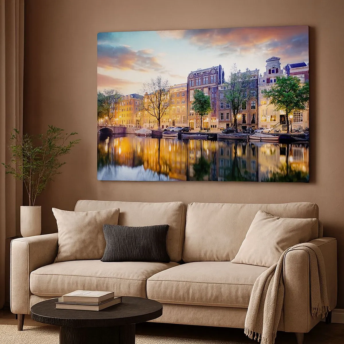 Tablou pe pânză Canvas - Canal cu reflexia caselor de locuit în lumina serii - 70x50cm - Frumusețe olandeză sobră și calmă - Decorațiune modernă pentru perete pentru living și dormitor ARTTOR
