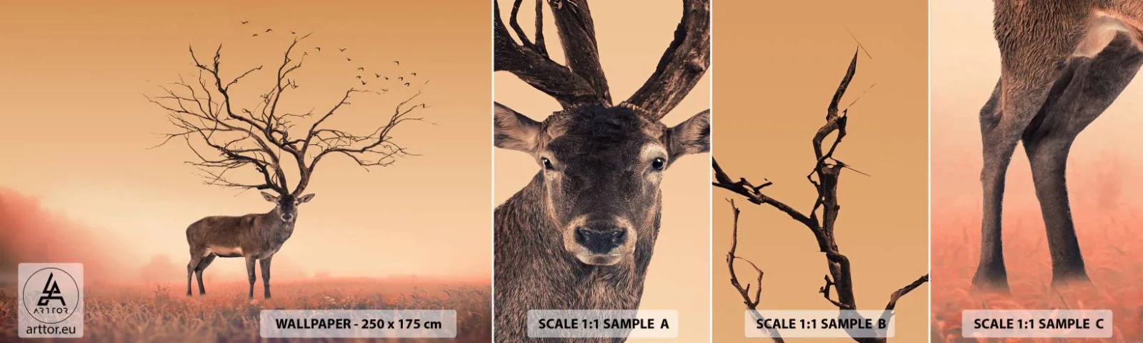 Mostră de Tapet Standard Eco - Cerbul străvechi - spiritul etern al pădurii - Abstracția, Cerb, Natură - 100x30 cm