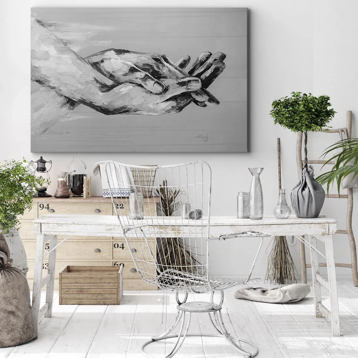Tablou pe pânză Canvas - O compoziție alb-negru a două mâini împreunate pe un fundal deschis. - 70x50cm - Începutul... - Decorațiune modernă pentru perete pentru living și dormitor ARTTOR
