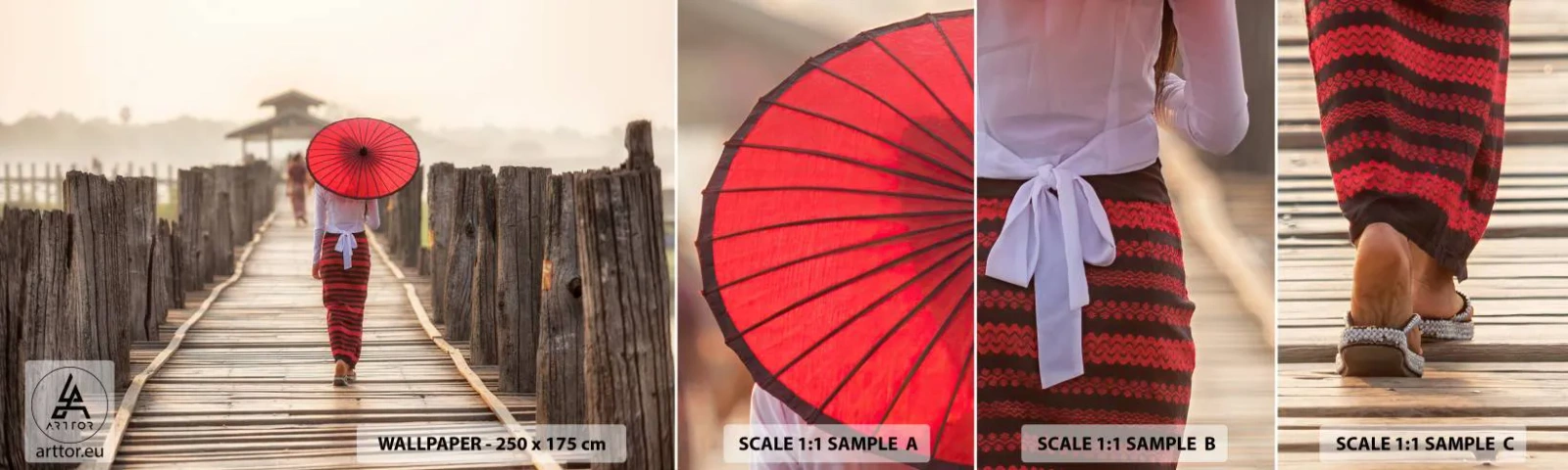 Mostră de Tapet Standard Eco - Pe podul vechi - Umbrelă, Birmania, Pod de lemn - 100x30 cm
