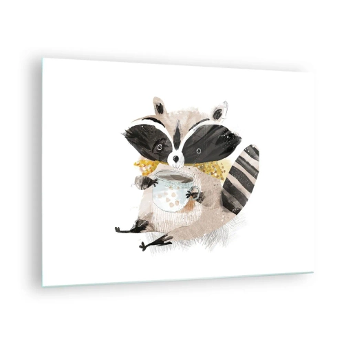 Tablou pe sticlă - Un raton drăguț care ține o cană de băutură - 70x50cm - Prietenul meu ratonul - Decorațiune modernă pentru perete pentru living și dormitor ARTTOR