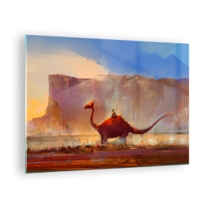 Tablou pe sticlă - Un peisaj fantastic cu un călăreț pe o creatură preistorică - 70x50cm - Dacă nu ar fi dispărut - Decorațiune modernă pentru perete pentru living și dormitor ARTTOR