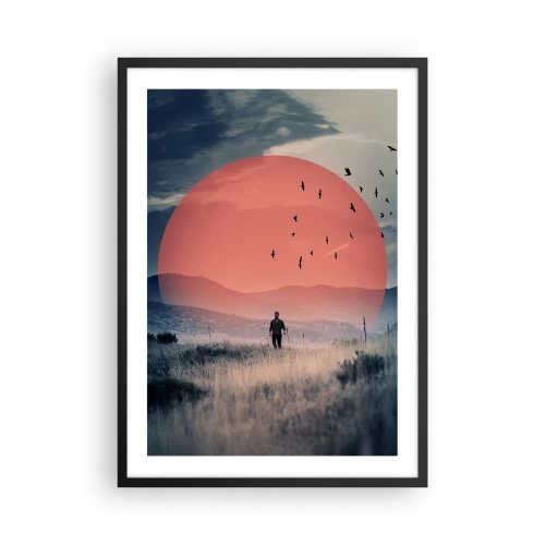 Poster în ramă neagră - Un bărbat care merge printr-un câmp pe un soare roșu - 50x70cm - Se simt bine acolo unde sunt - Decorațiune modernă pentru perete pentru living și dormitor ARTTOR