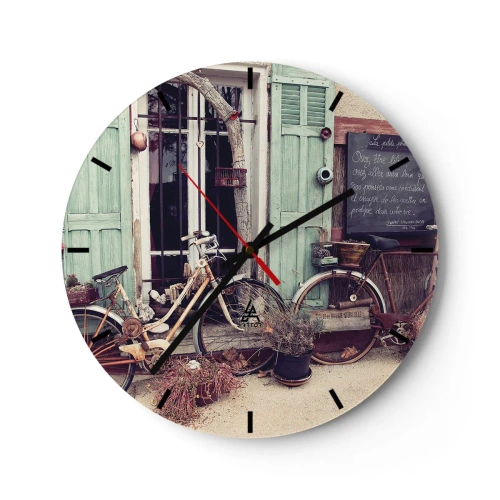 Ceas de perete - Ceas pe sticlă - Biciclete retro în fața obloanelor verzi - 30x30cm - Trăiască provincia! - Decorațiune modernă pentru perete pentru living, bucătărie și dormitor ARTTOR