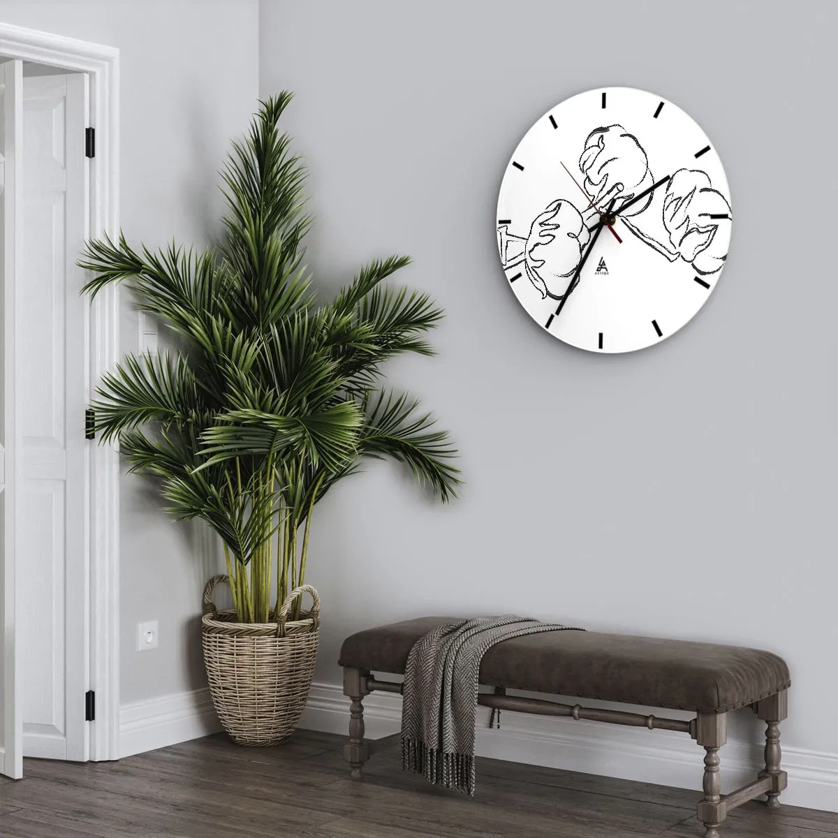 Ceas de perete - Ceas pe sticlă - Schiță alb-negru a unei crengi de bumbac pe fundal alb - 30x30cm - Pufuri de bumbac - Decorațiune modernă pentru perete pentru living, bucătărie și dormitor ARTTOR