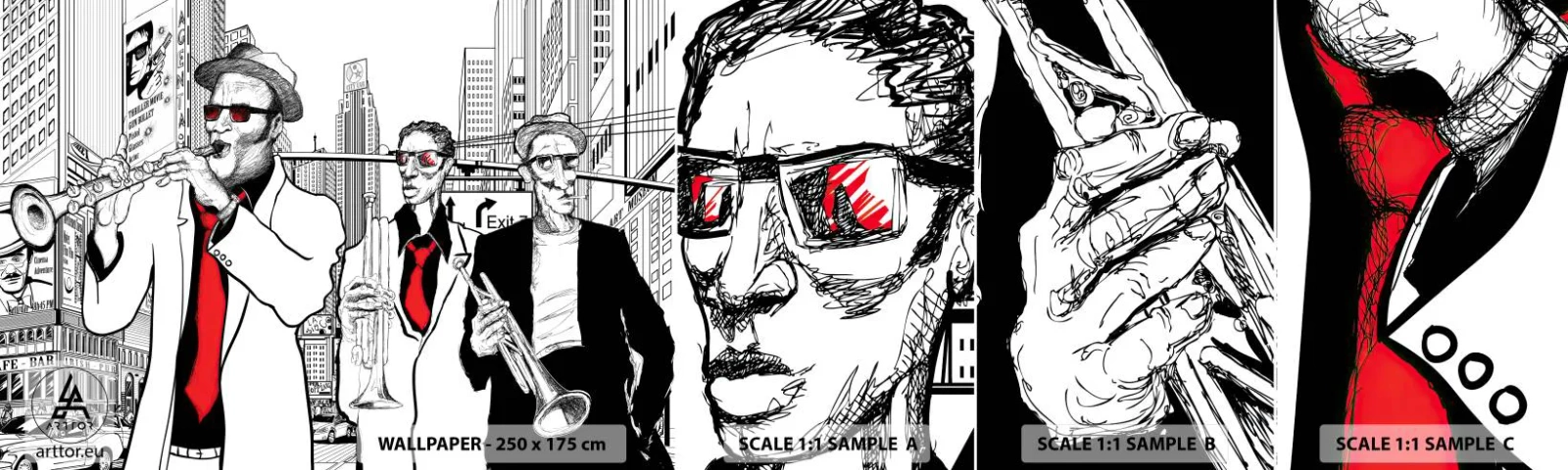 Mostră de Tapet Standard Eco - Rapsodie urbană în negru și roșu - New York, Jazz, Muzică - 100x30 cm