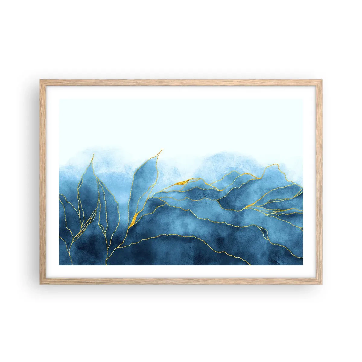 Poster în ramă de stejar deschis - Albastru în aur - 70x50 cm