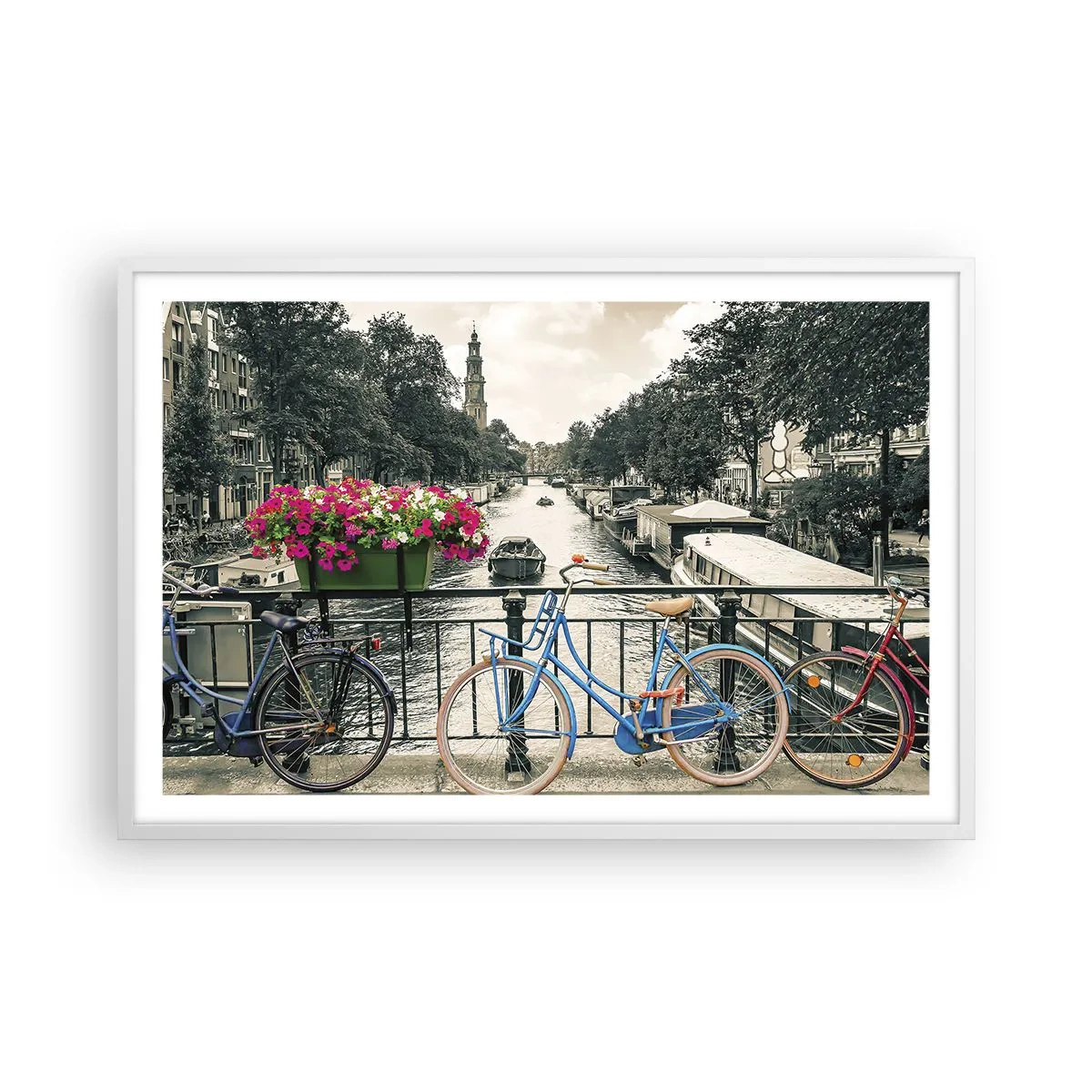 Poster în ramă albă - Culorile unui canal din Amsterdam - 91x61 cm