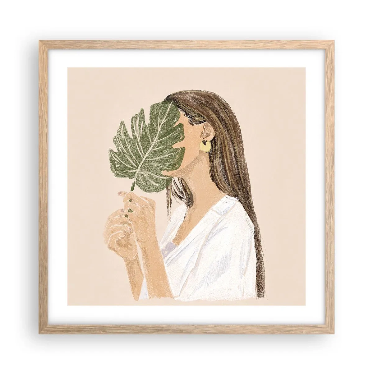 Poster în ramă de stejar deschis - Portret misterios cu un evantai - 50x50 cm