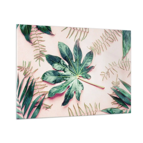 Tablou pe sticlă - Studiu de verdeață pe un fundal roz - 100x70 cm