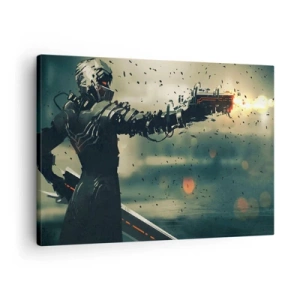 Tablou pe pânză Canvas - Războinic cibernetic cu arme futuriste - 70x50cm - Armă letală - propriul tău Terminator - Decorațiune modernă pentru perete pentru living și dormitor ARTTOR