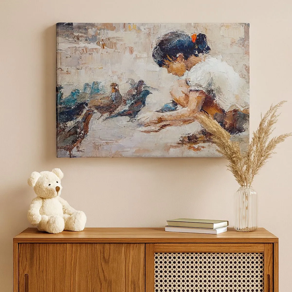 Tablou pe pânză Canvas - O fată care hrănește păsările într-un stil pictural - 70x50cm - Cei mici și cei mai cuminți - Decorațiune modernă pentru perete pentru living și dormitor ARTTOR