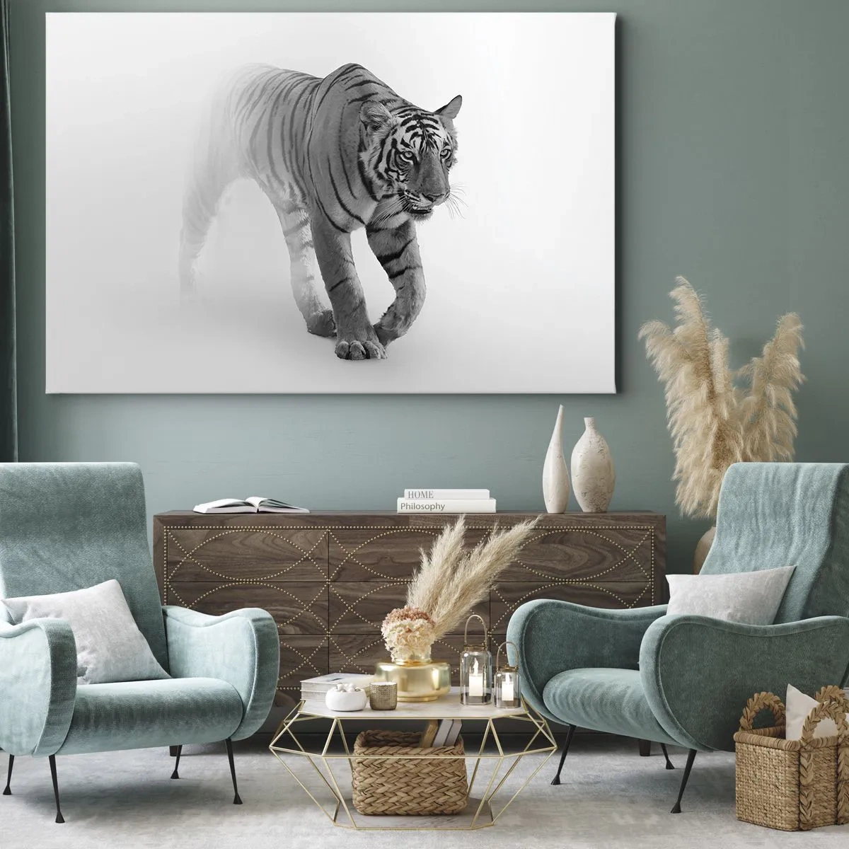 Tablou pe pânză Canvas - Un tigru ieșind din ceață - 70x50cm - De veghe în ceață - Decorațiune modernă pentru perete pentru living și dormitor ARTTOR