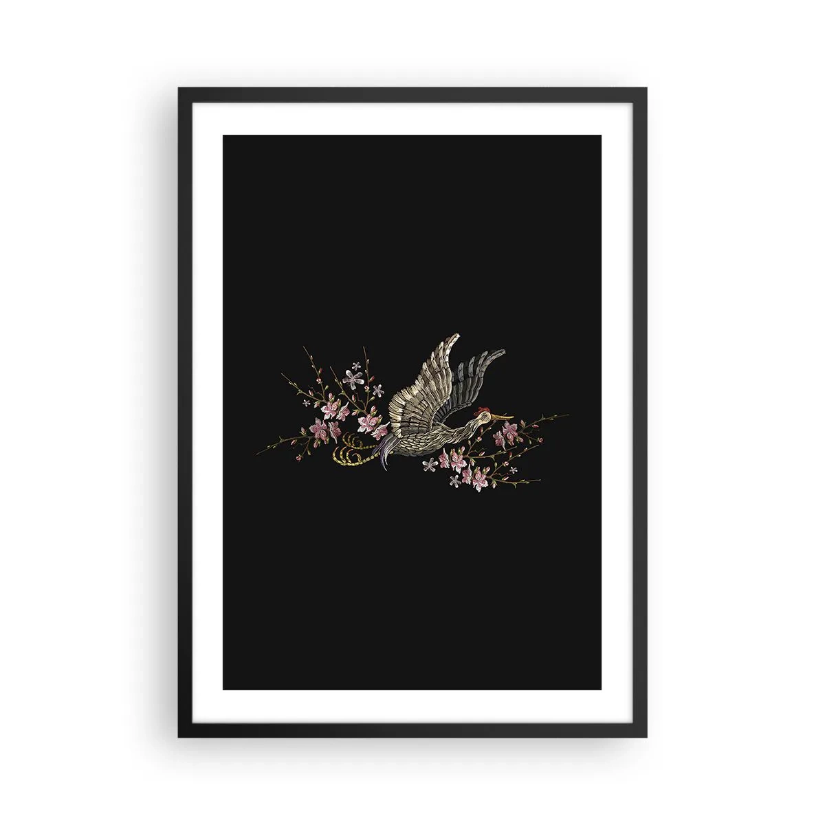 Poster în ramă neagră - O macara înconjurată de ramuri înflorite pe un fundal negru - 50x70cm - Pasăre exotică brodată - Decorațiune modernă pentru perete pentru living și dormitor ARTTOR