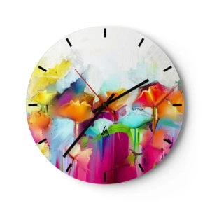 Ceas de perete - Ceas pe sticlă - Flori abstracte colorate în culori intense - 30x30cm - Curcubeul înflorit - Decorațiune modernă pentru perete pentru living, bucătărie și dormitor ARTTOR