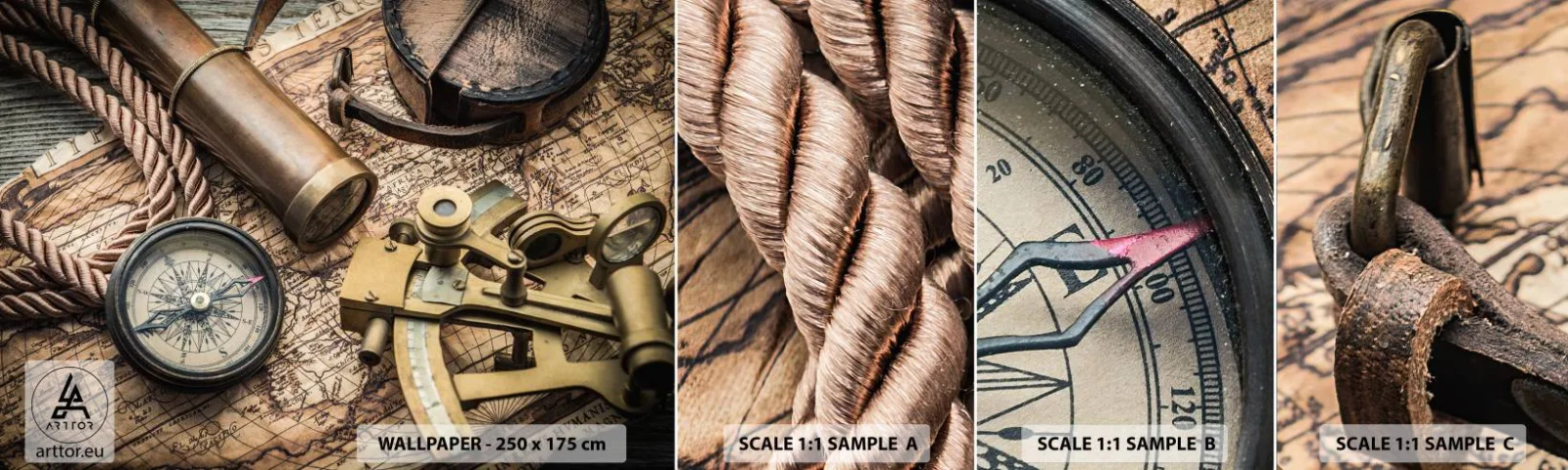 Mostră de Tapet Standard Eco - Stabilește cursul - Nautic, Harta lumii, Busolă - 100x30 cm