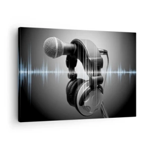 Tablou pe pânză Canvas - Microfon și căști cu vizualizare a undelor sonore în fundal - 70x50cm - Încă se mai poate auzi cântecul - Decorațiune modernă pentru perete pentru living și dormitor ARTTOR
