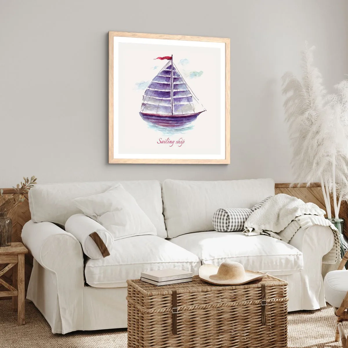 Poster în ramă de stejar deschis - Pânze pline și apă calmă - 50x50 cm