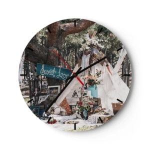 Ceas de perete - Ceas pe sticlă - Decorațiuni romantice pentru nunți într-un cadru forestier - 30x30cm - Make love… - Decorațiune modernă pentru perete pentru living, bucătărie și dormitor ARTTOR