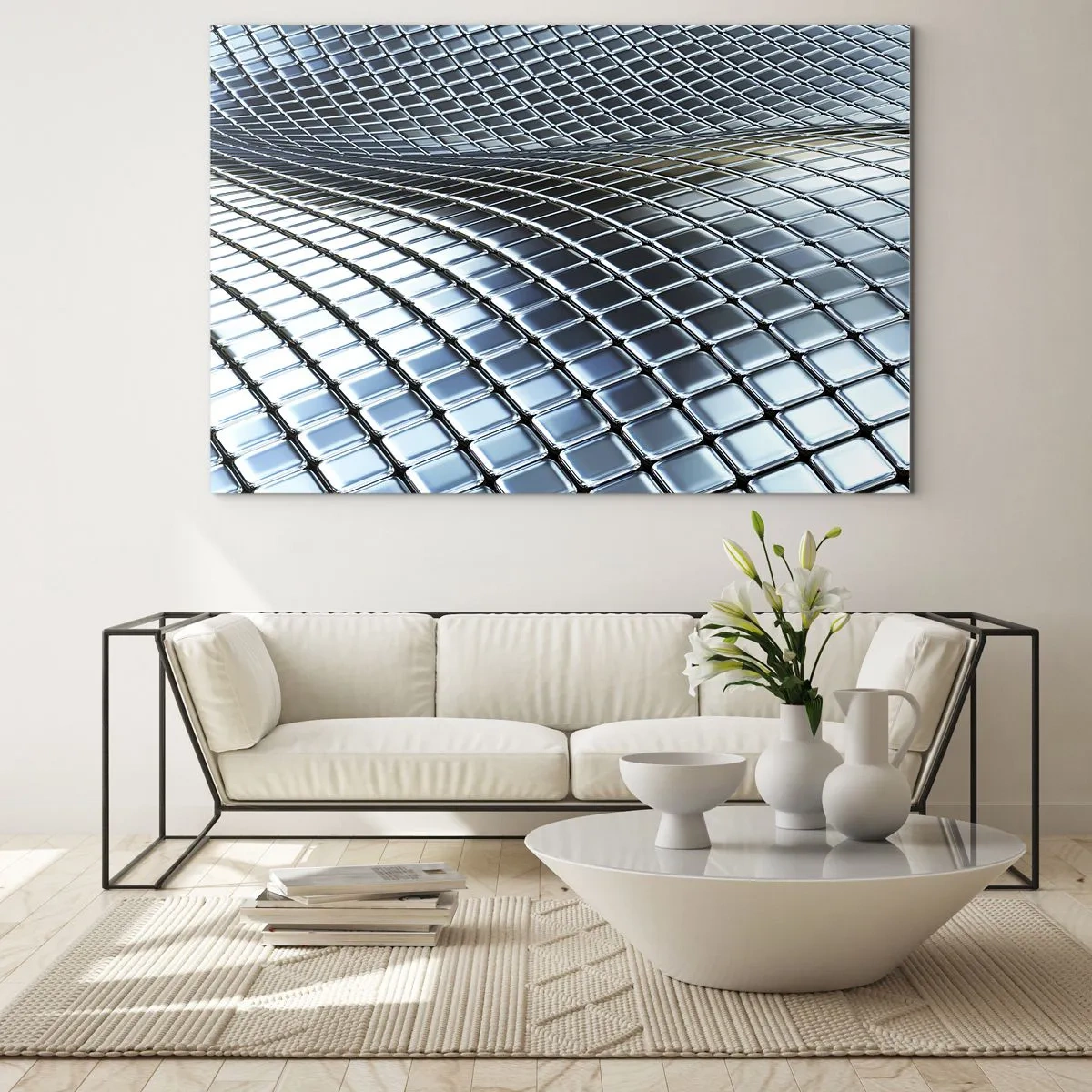 Tablou pe sticlă - Suprafață abstractă cu pătrate metalice strălucitoare - 70x50cm - Val metalic argintiu - Decorațiune modernă pentru perete pentru living și dormitor ARTTOR