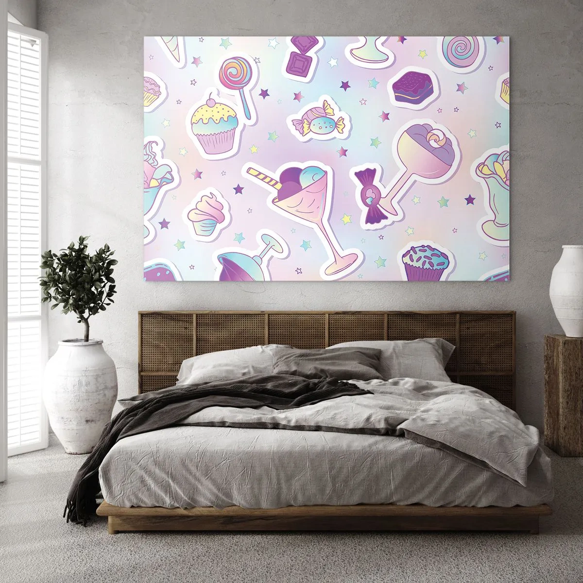 Tablou pe sticlă - Motiv de dulciuri colorate pe fundal pastelat - 70x50cm - Să ai o zi de naștere în fiecare zi - Decorațiune modernă pentru perete pentru living și dormitor ARTTOR