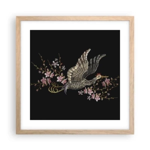 Poster în ramă de stejar deschis - Pasăre exotică brodată - 40x40 cm