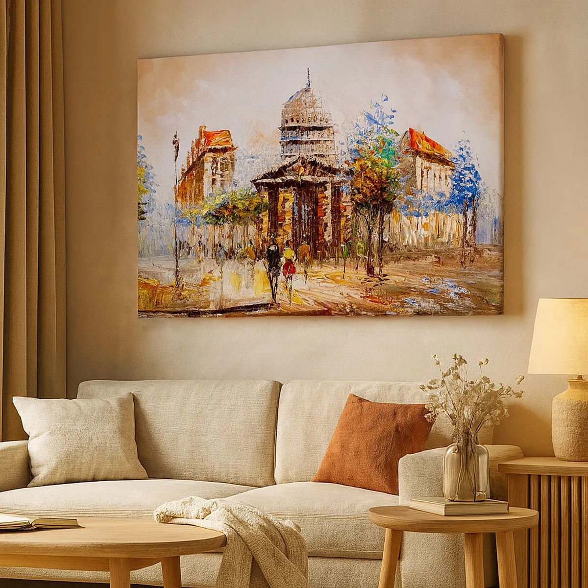 Tablou pe pânză Canvas - Scenă urbană impresionistă cu o clădire istorică - 70x50cm - O plimbare pariziană - Decorațiune modernă pentru perete pentru living și dormitor ARTTOR