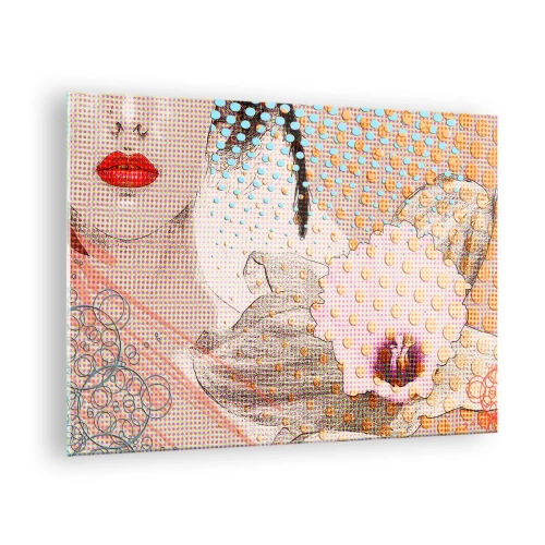 Tablou pe sticlă - Ilustrație a unui portret al unei femei cu o floare în fundal în stil pop art - 70x50cm - Eroină de benzi desenate - Decorațiune modernă pentru perete pentru living și dormitor ARTTOR