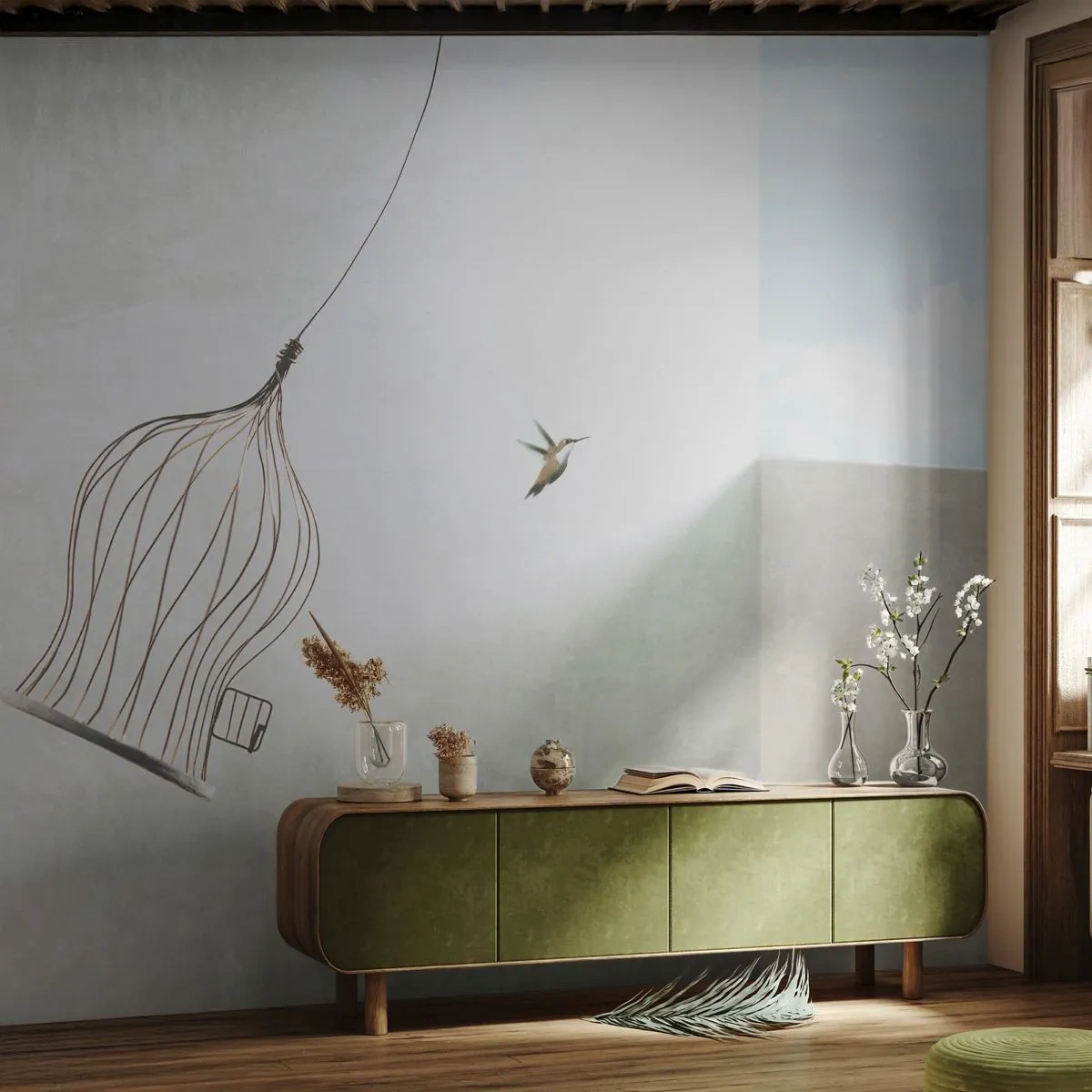 Tapet Standard Eco - O colibri în zbor cu o colivie deschisă pe cer - 100x70cm - Eliberat - Decorațiune modernă pentru perete pentru living și dormitor ARTTOR