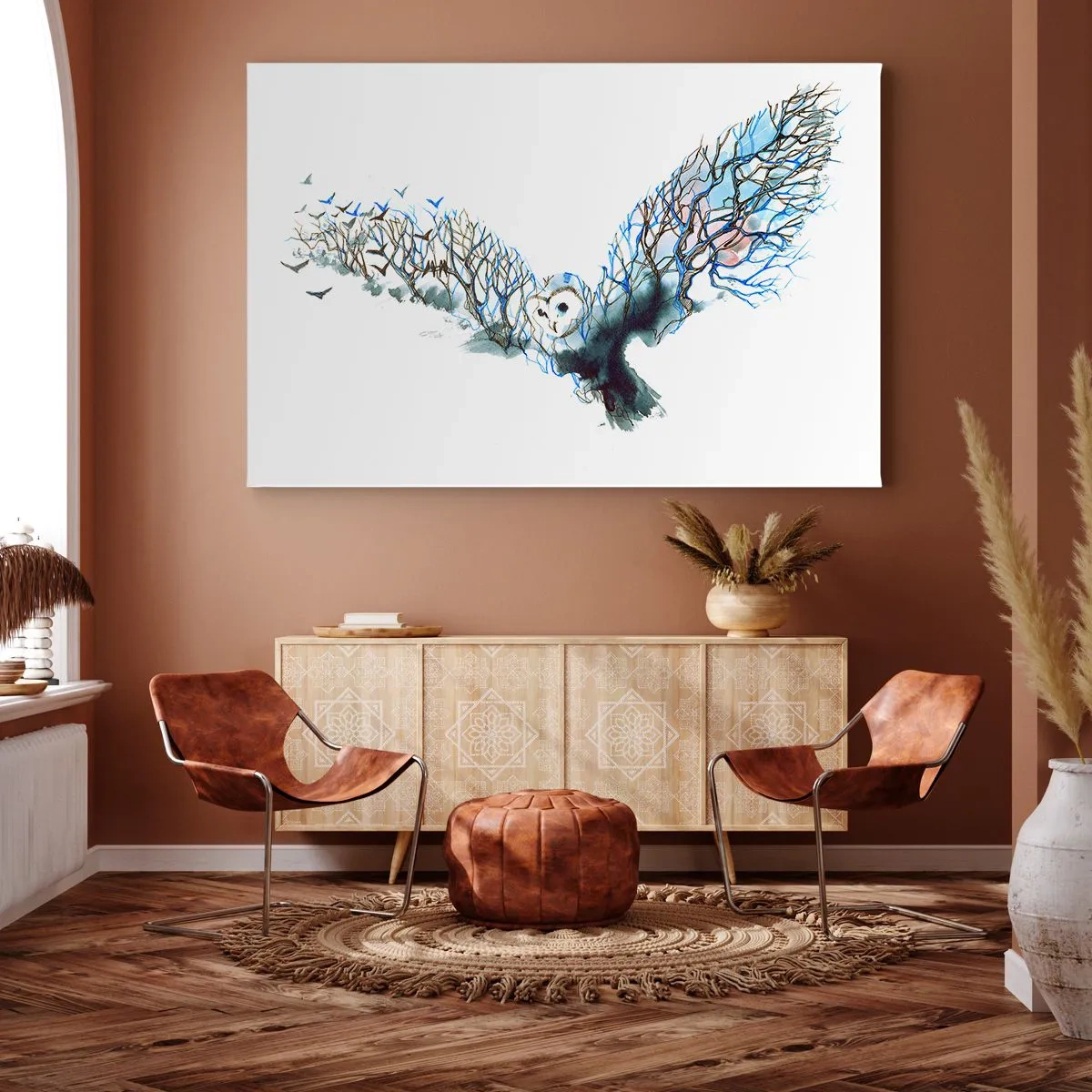 Tablou pe pânză Canvas - Grafică artistică a unei bufnițe cu aripile întinse - 70x50cm - Pe aripile pădurii - Decorațiune modernă pentru perete pentru living și dormitor ARTTOR