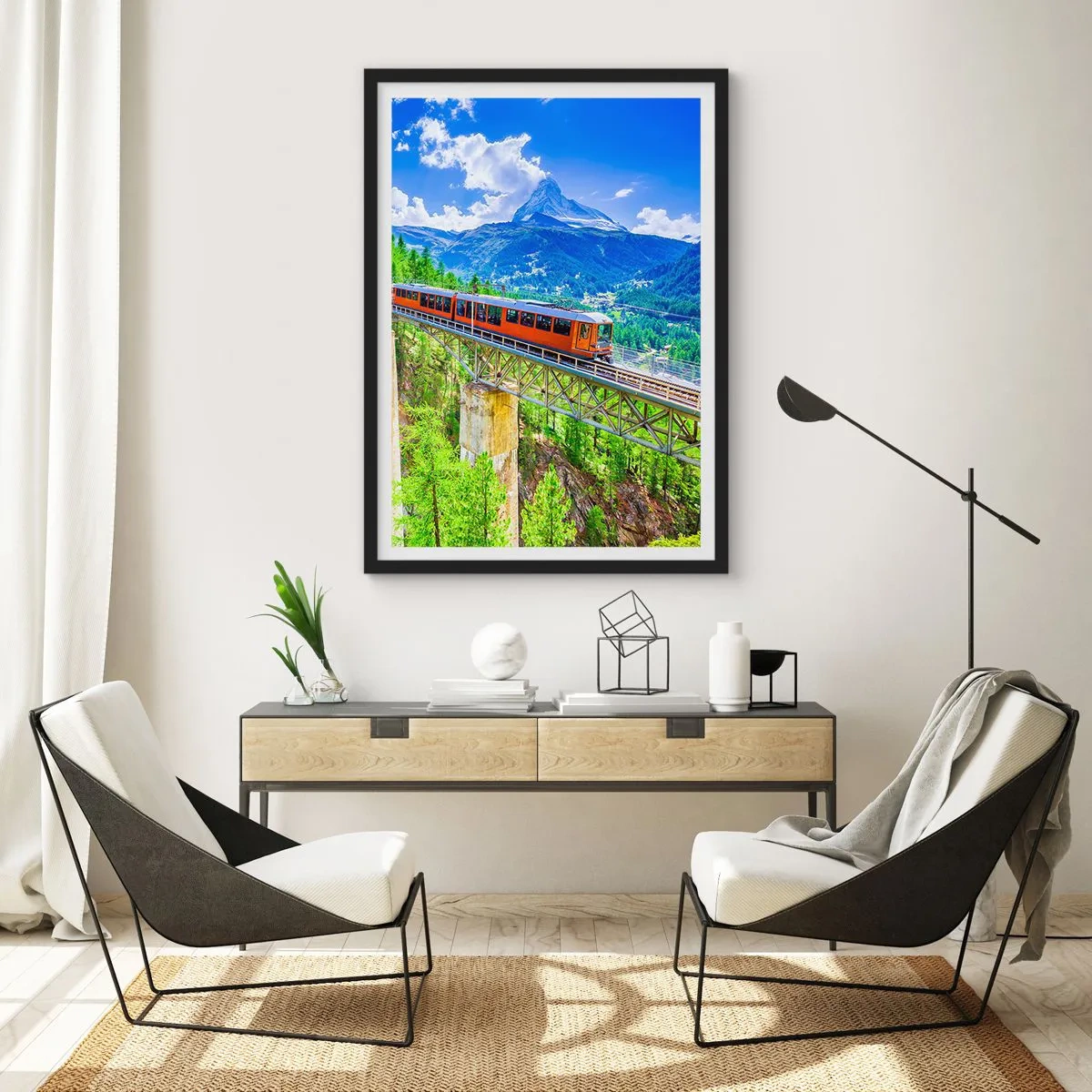 Poster în ramă neagră - Un tren pe un pod din Alpi cu vedere spre Matterhorn - 50x70cm - Calea ferată din Alpi - Decorațiune modernă pentru perete pentru living și dormitor ARTTOR