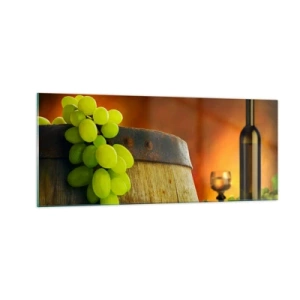 Tablou pe sticlă - Natură moartă cu o sticlă de vin și un ciorchine de struguri - 100x40 cm