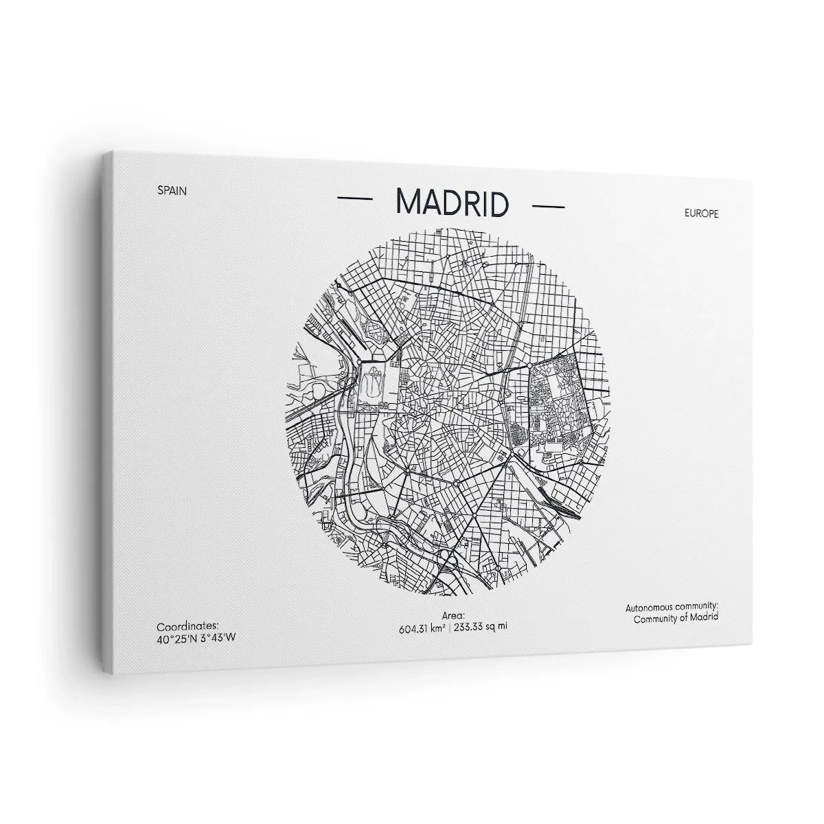 Tablou pe pânză Canvas - Hartă a Madridului într-un stil minimalist alb-negru - 70x50cm - Anatomia Madridului - Decorațiune modernă pentru perete pentru living și dormitor ARTTOR