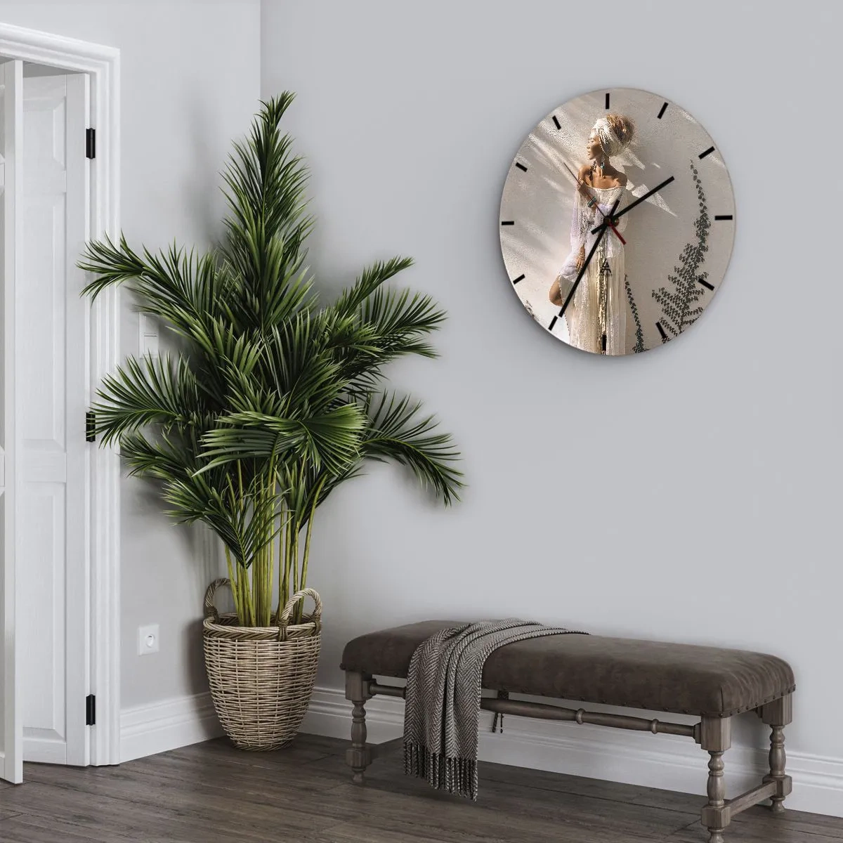 Ceas de perete - Ceas pe sticlă - O femeie în stil boho stând la soare - 30x30cm - Soarele și fata - Decorațiune modernă pentru perete pentru living, bucătărie și dormitor ARTTOR